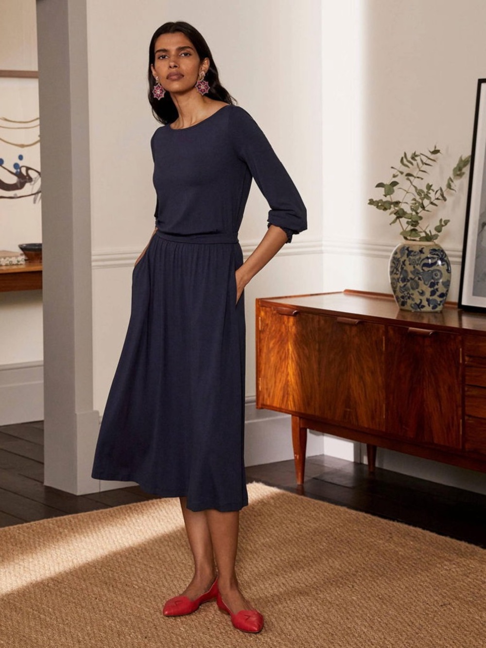 Boden Evelyn Jersey Midi Dress-Navy